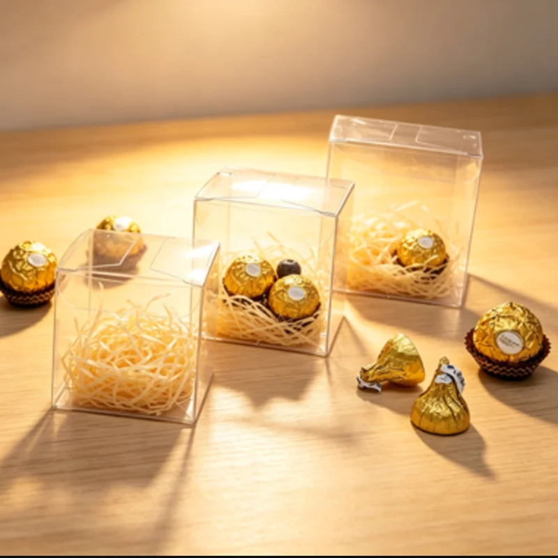 50Pcs/lot Transparent Clear Gift Candy Box Square PVC Chocolate Bags Boxes For New Year Favor Party Event caja de dulces