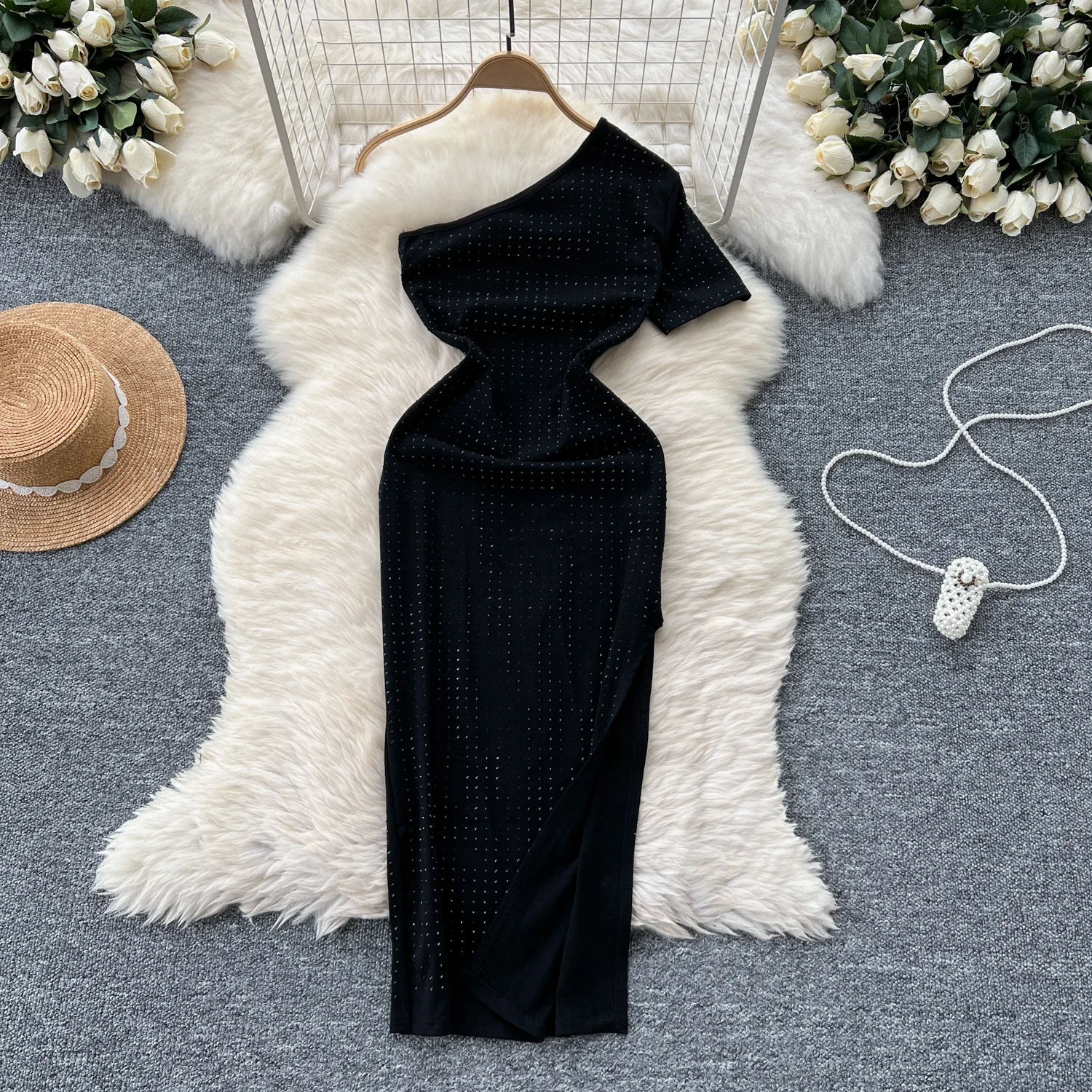 Elegant Diagonal Collar Vintage Single Short Chic Rhinestone Slim Split Dress Korean Fashion Evening High Street Summer Clothing