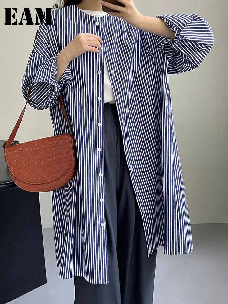 

[EAM] Women Blue Striped Long Big Size Elegant Blouse New Round Neck Long Sleeve Shirt Fashion Tide Spring Autumn 2024 1DH6633