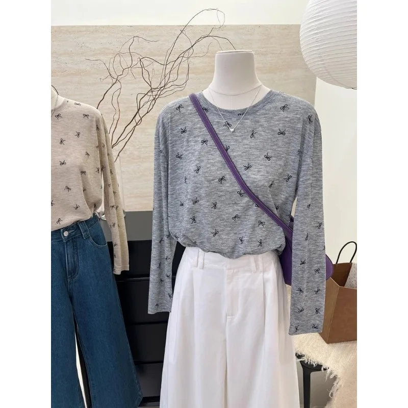 

Korean Style Bow Tie Temperament Versatile Long-sleeved T-shirt Women's Bottoming Shirt Round Neck Pullover Casual Top