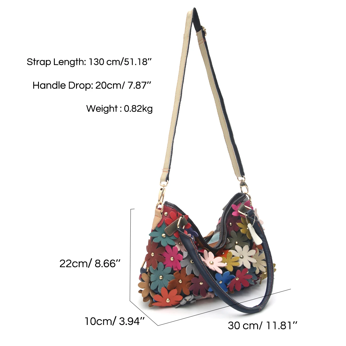 Multi Color Genuine Leather Flowers Applique Handbag Women Retro Casual Cowhide Patchwork Daily Big Tote Shoulder Cross body Bag