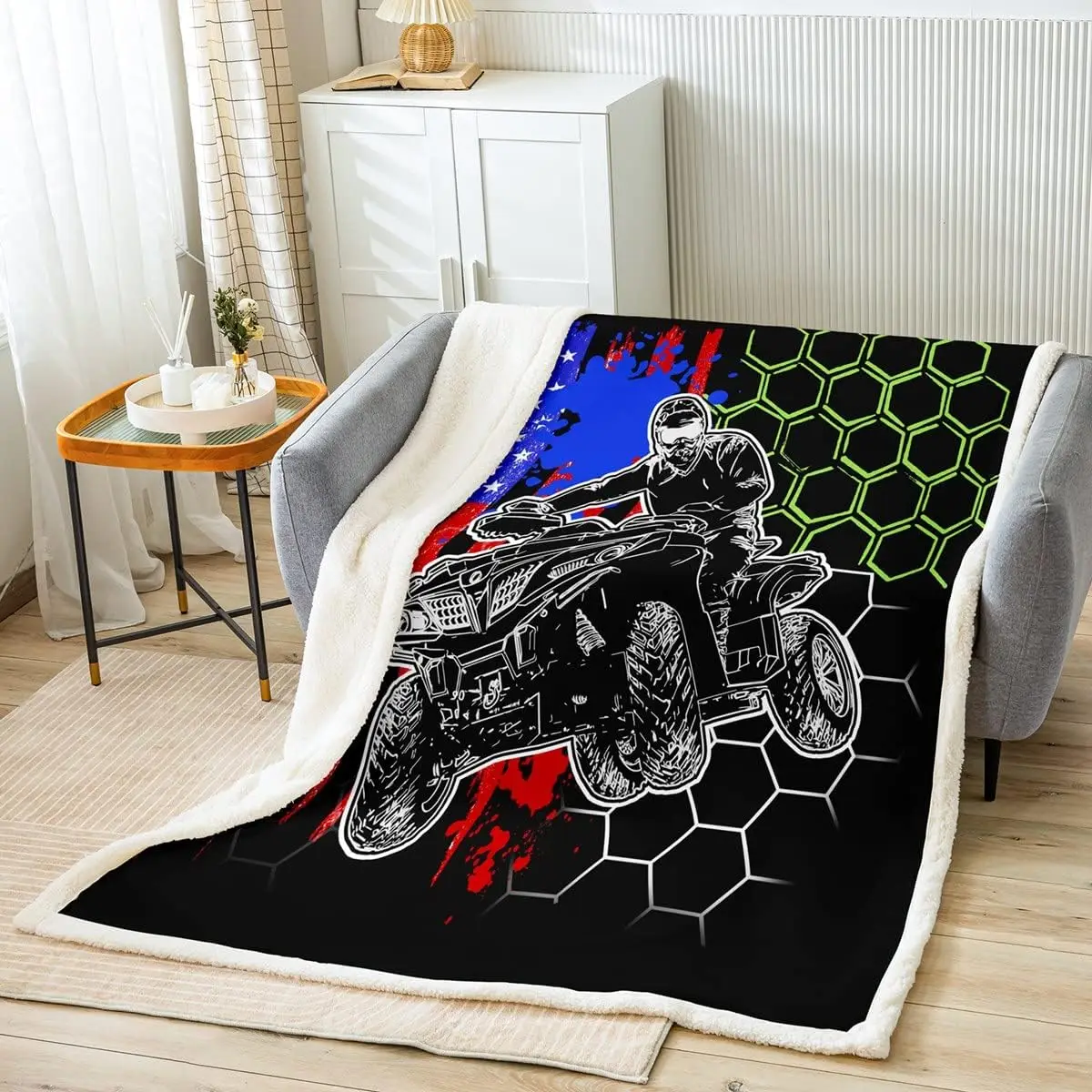 Dirt Bike Sherpa Blanket American Flag Dirt Bike Fleece Throw Blanket Racing Extreme Sports Plush Blanket for Bed Sofa