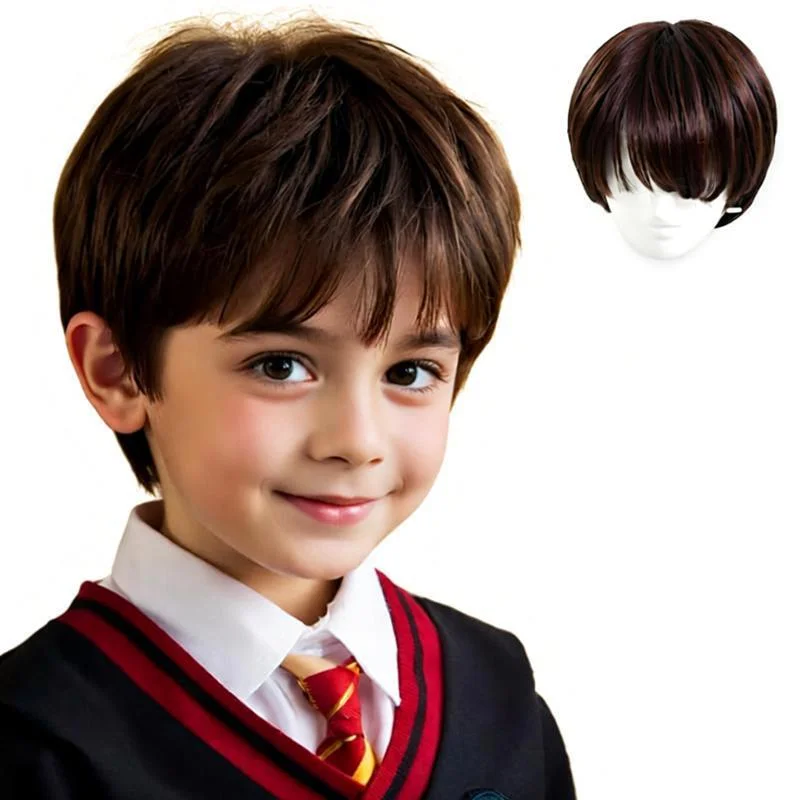

Little Boy's Wig Short Black Brown Guy Headdress Children's Photography Headwear Kids Hair Headgear Performance Toddler Cap Hat