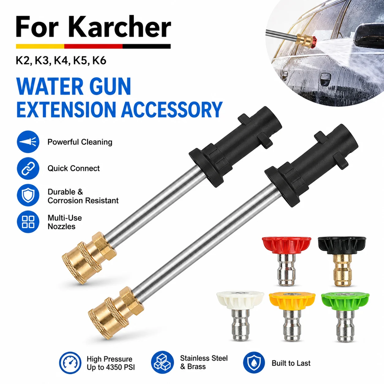 Lance d'extension à connexion rapide pour nettoyeur haute pression Karcher, lance longue portée durable pour SUV, camionnettes et grands véhicules