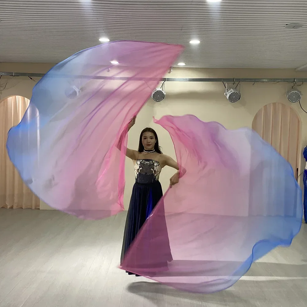 Ali della bandiera di danza del ventre, oggetti di scena, Chiffon sfumato multicolore, semicircolare, bandiere per riunioni sportive con bastone telescopico