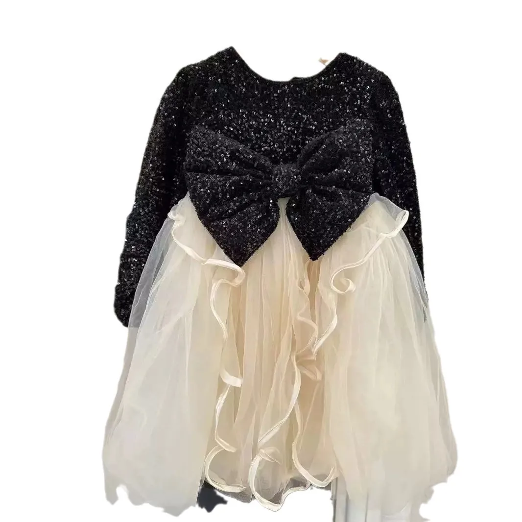 Girls Skirt Starry Sky Big Bow Mesh Dress Splicing Together Sequin Dress Princess Skirt Autumn/Winter New Style