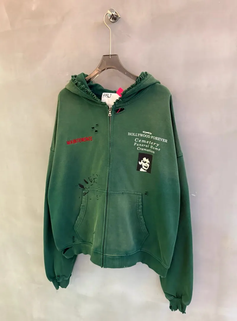 Paly Hollywood Vintage Green Distressed Zipper Jackets Men Women Oversized Hooded Sweatshirt