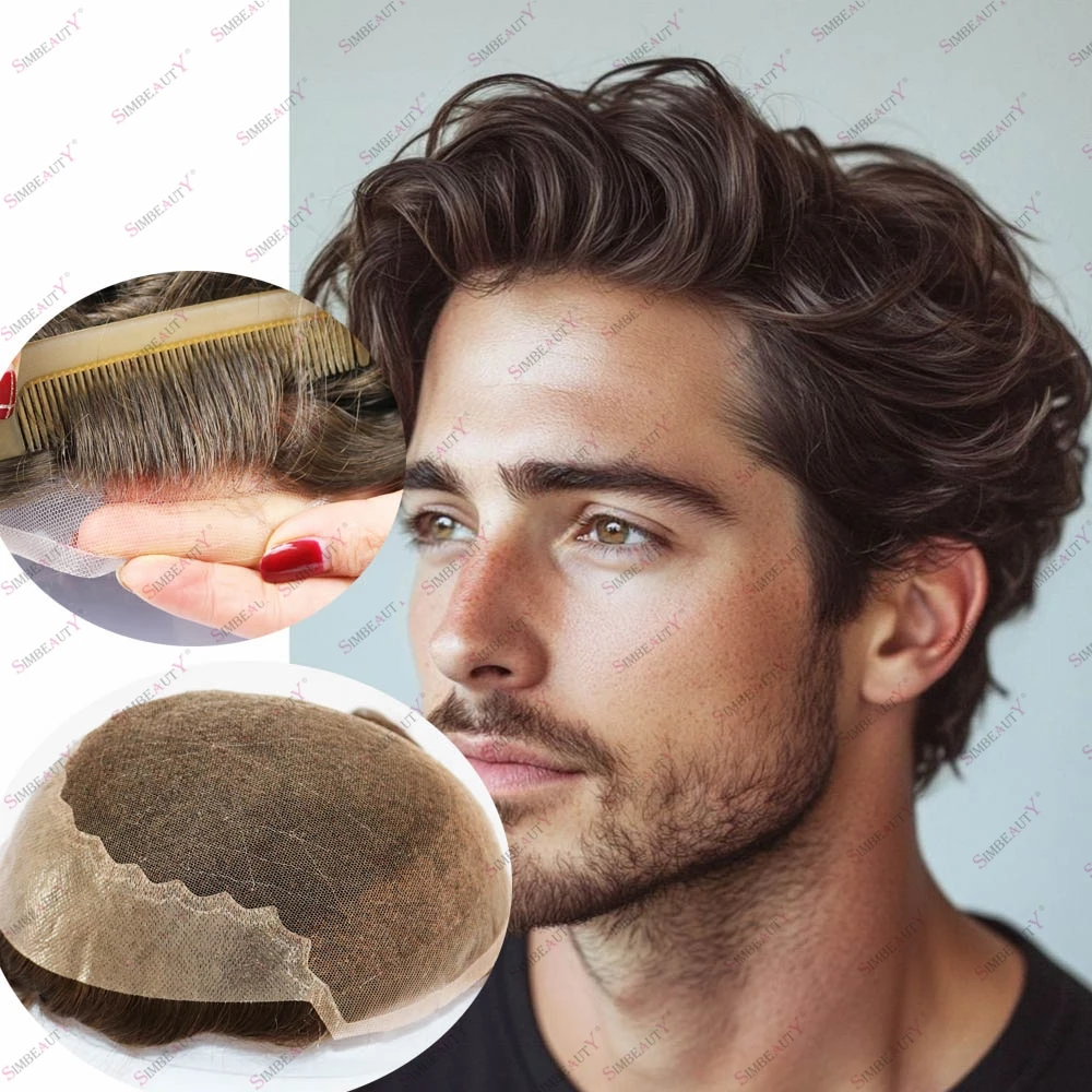 

30mm Wavy Human Hair Bleach Knots Lace Front Men's Toupee Invisible Hairline Breathable Q6 Lace&PU Base Man Capillary Prosthesis