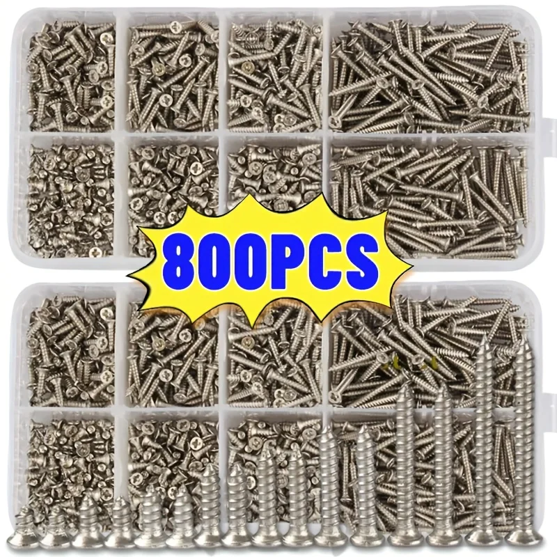 Juego de 800 tornillos autorroscantes para madera, tornillos de cabeza plana M2 para chapa metálica, kit surtido de tornillos autorroscantes con tuercas de seguridad y fijaciones.