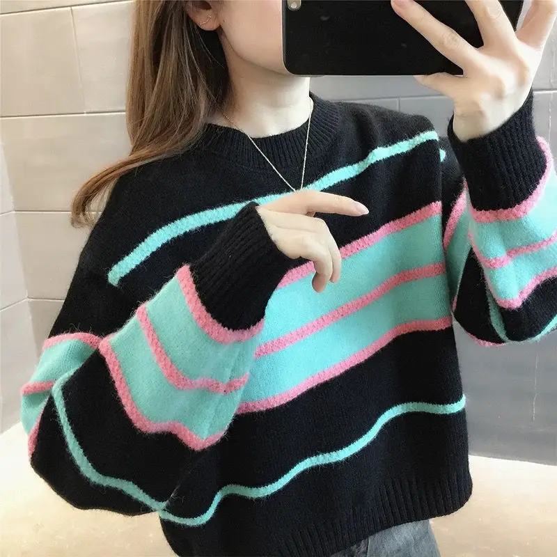 

Sweet O-Neck Spliced Color Striped Sweaters Female Clothing 2023 Winter Loose Knitted Casual Pullovers Korean Warm Tops