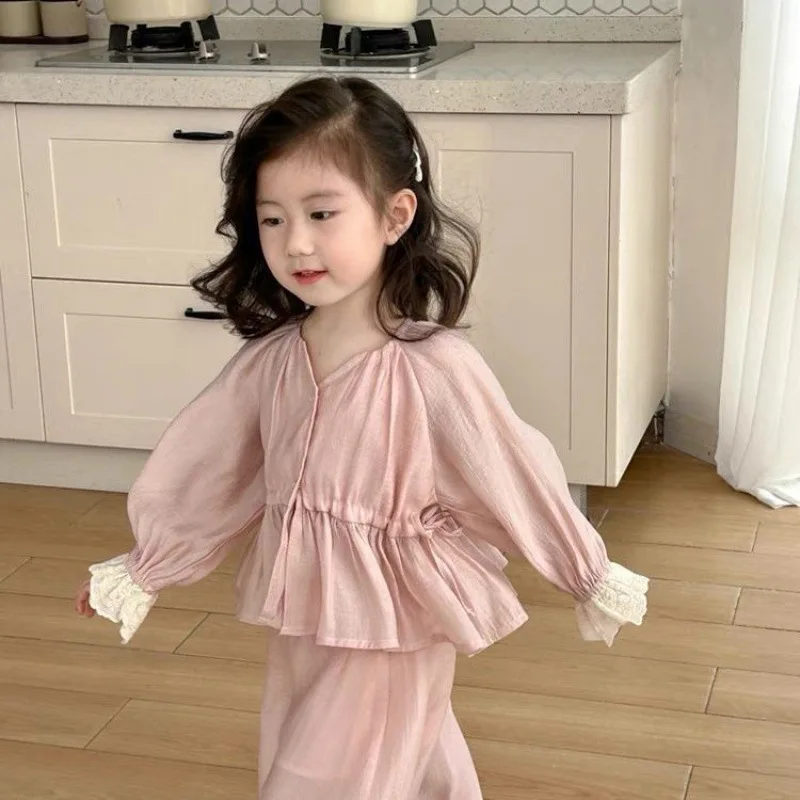 2024 Spring and Autumn Set Children Korean Edition Baby Girl Two-piece Set Casual Simple Solid Loose Elegant Fashion