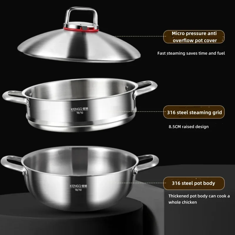 Thicker 316 Stainless Steel Micro Pressure Steamer Pot Steaming and Cooking Pot for Induction Cooker Gas Stove Stewed and Boiled