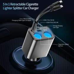 5 In 1 Car Cigarett Lighter SAdapter Car Phone Charger Super Fast Charging With Retractable Cable PD30W Multi Port Car Adapter