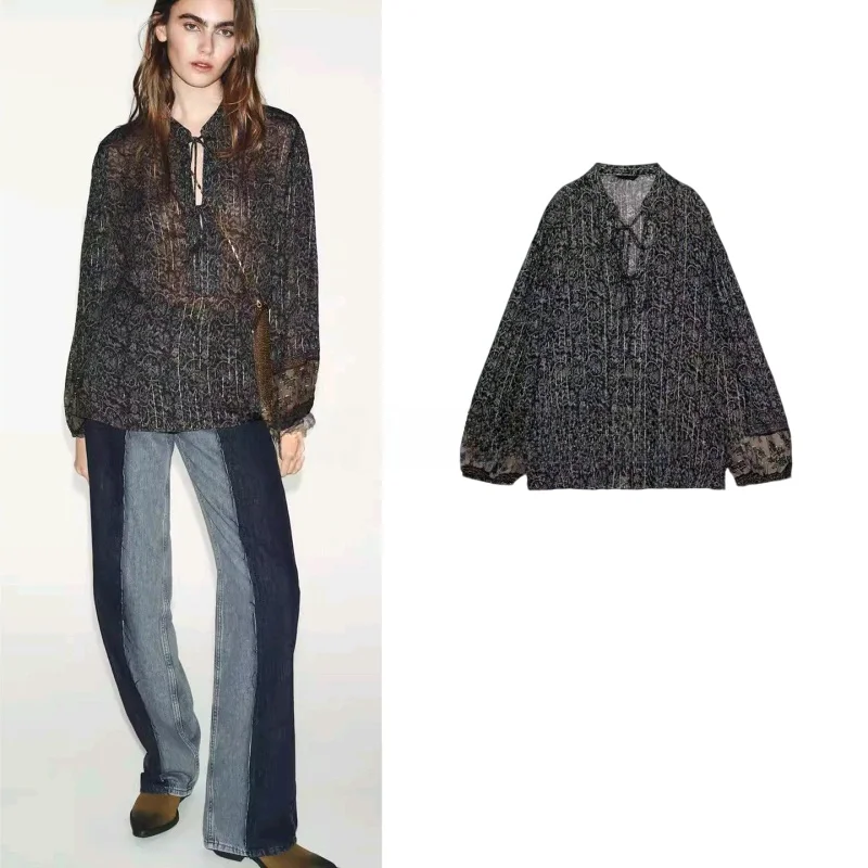 

Spring New Arrival Women's mat Beaded Long Sve round Ne Metal Color Line Printed irt Loose Fit Polyester Fiber