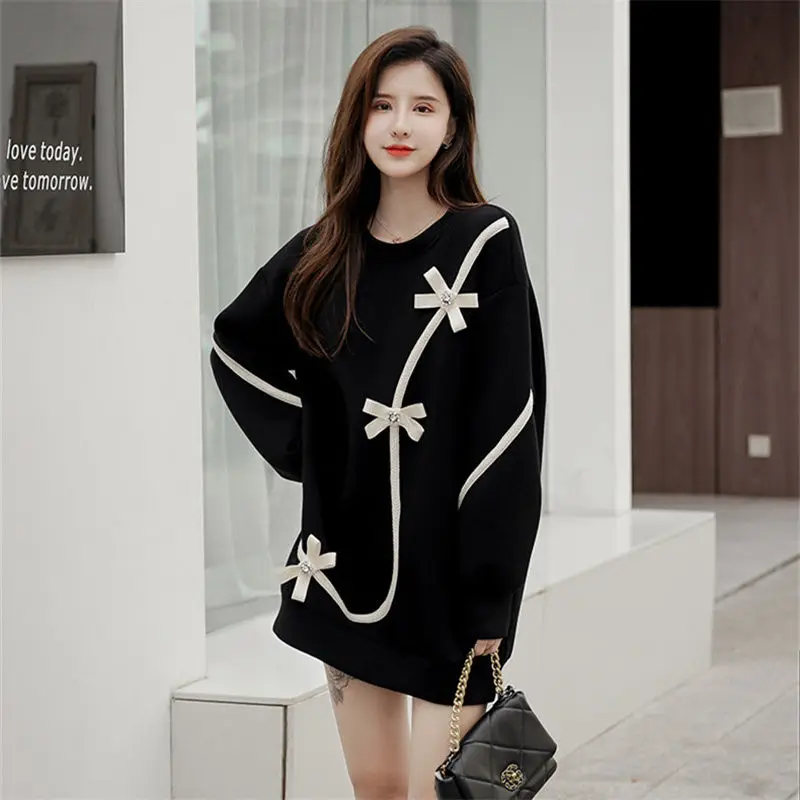 Female Top Long Black Round Neck Women\'s Sweatshirts Bow Pullovers Cotton 2025 Trend Coat Korean Fashion 90s Vintage Outerwears