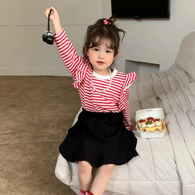 Toddler Girls Basic Shirt Stripe Printing Puff Sleeves Cute Ruffled Top Tee Kids Girl Casual Base Layer Shirts Children Tops