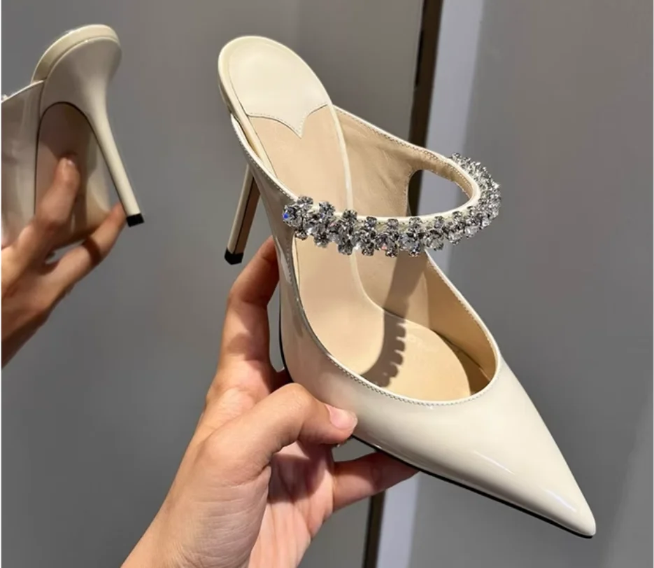 Spring and summer new high-heeled shoes Muller shoes pointed rhinestone chain fashion banquet Baotou stiletto ladies sandals