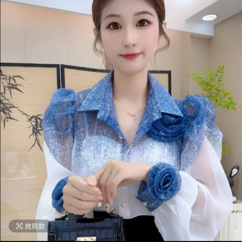 Camisa de cor gradiente feminina verão francês moda novo topo design exclusivo roupas de proteção solar blusa feminina topos