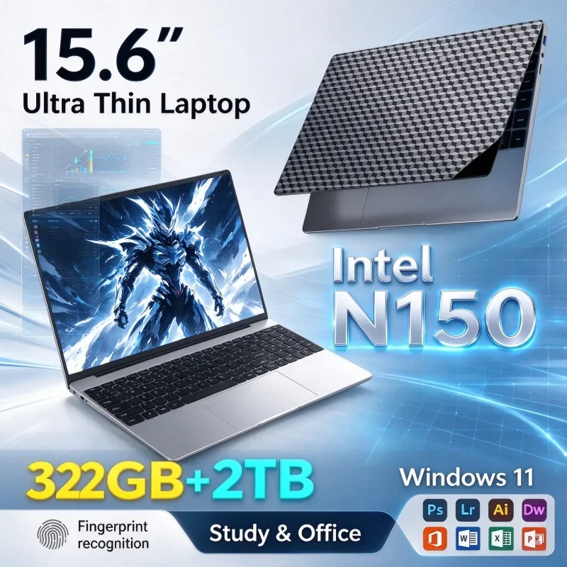 2026 New 15.6'' Inch Ultra Thin Laptop Intel N150 Notebook 32GB RAM 1TB/2TB SSD FHD Windows11 PC For Student Office Daily Game