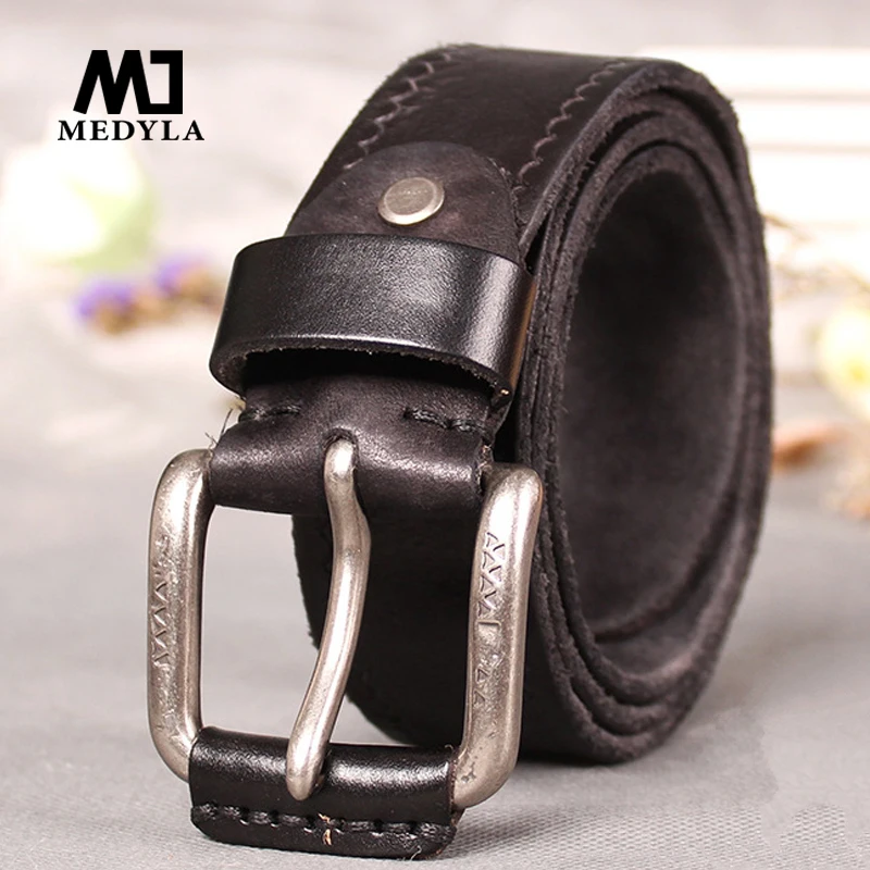 

MEDYLA Genuine Leather Alloy Pin Buckle Luxury Brand Leather Strap Belt for Men Vintage Designer Belt High Quality SM558