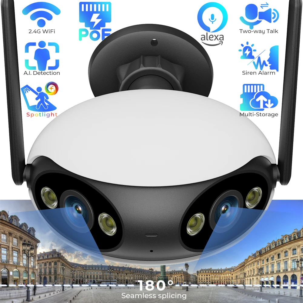 

Outdoor Dual Lens 180° Panoramic Security Camera WIFI POE Human/Car Detect Auto Tracking Zoom PTZ IP Surveillance Camera iCSee