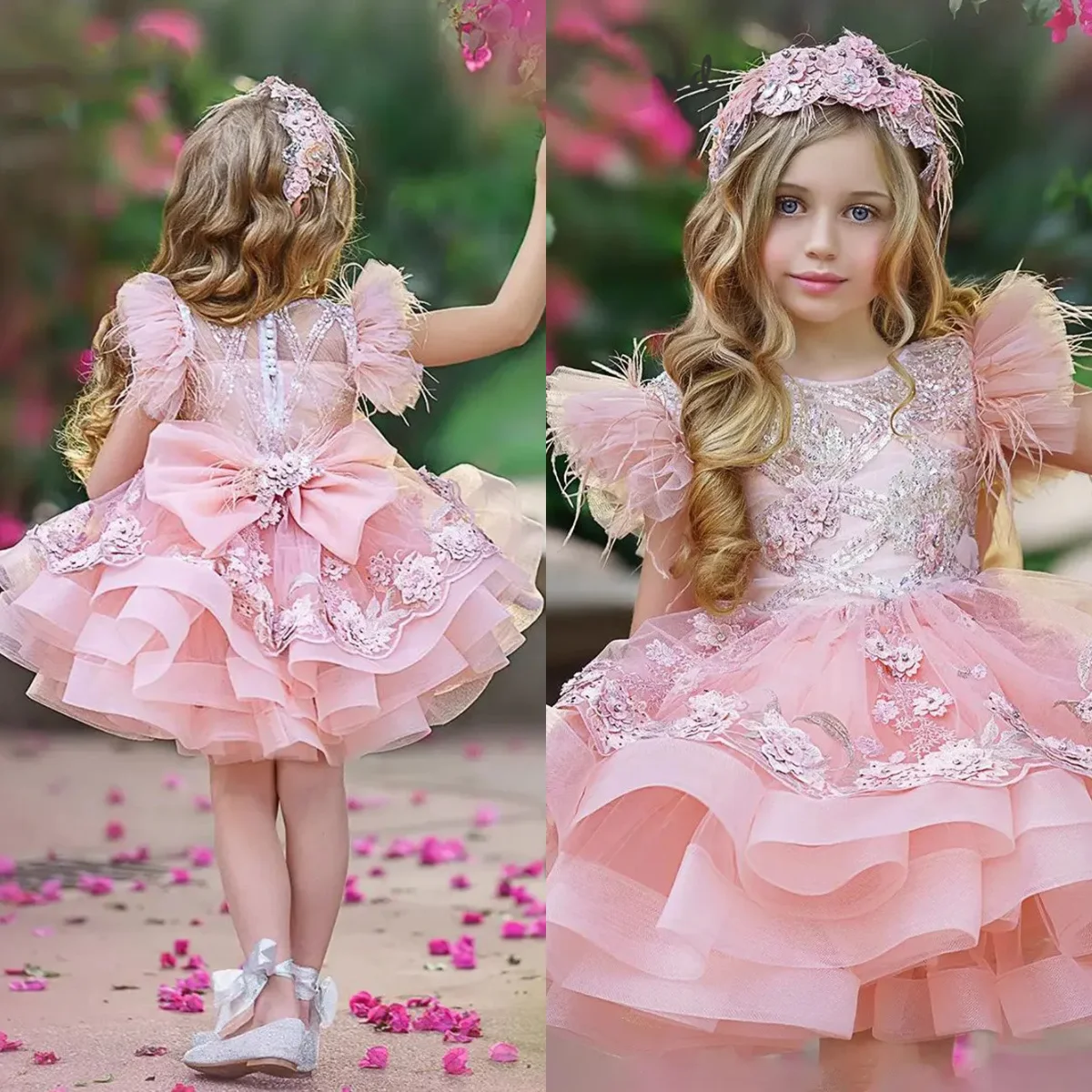 

Puffy Tiered Pink Flower Girl Dress Feather Lace Baby Kids Birthday Prom Baptism Princess Ball Gown First Communion Dress