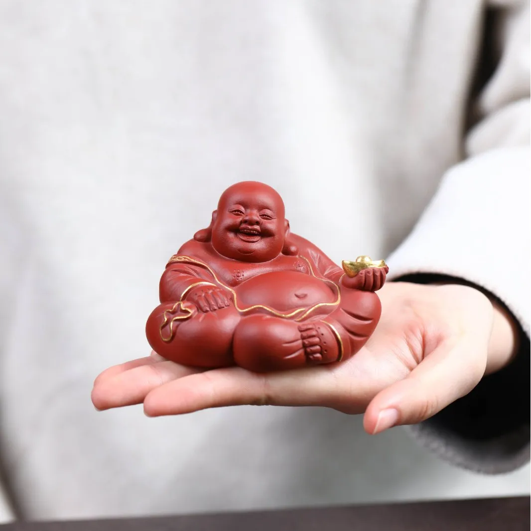 Yixing Tea Pet Maitreya Buddha, Exquisite Gold-Painted Little Monk, Fully Handmade, Suitable For Nurturing, Zisha Tea Table