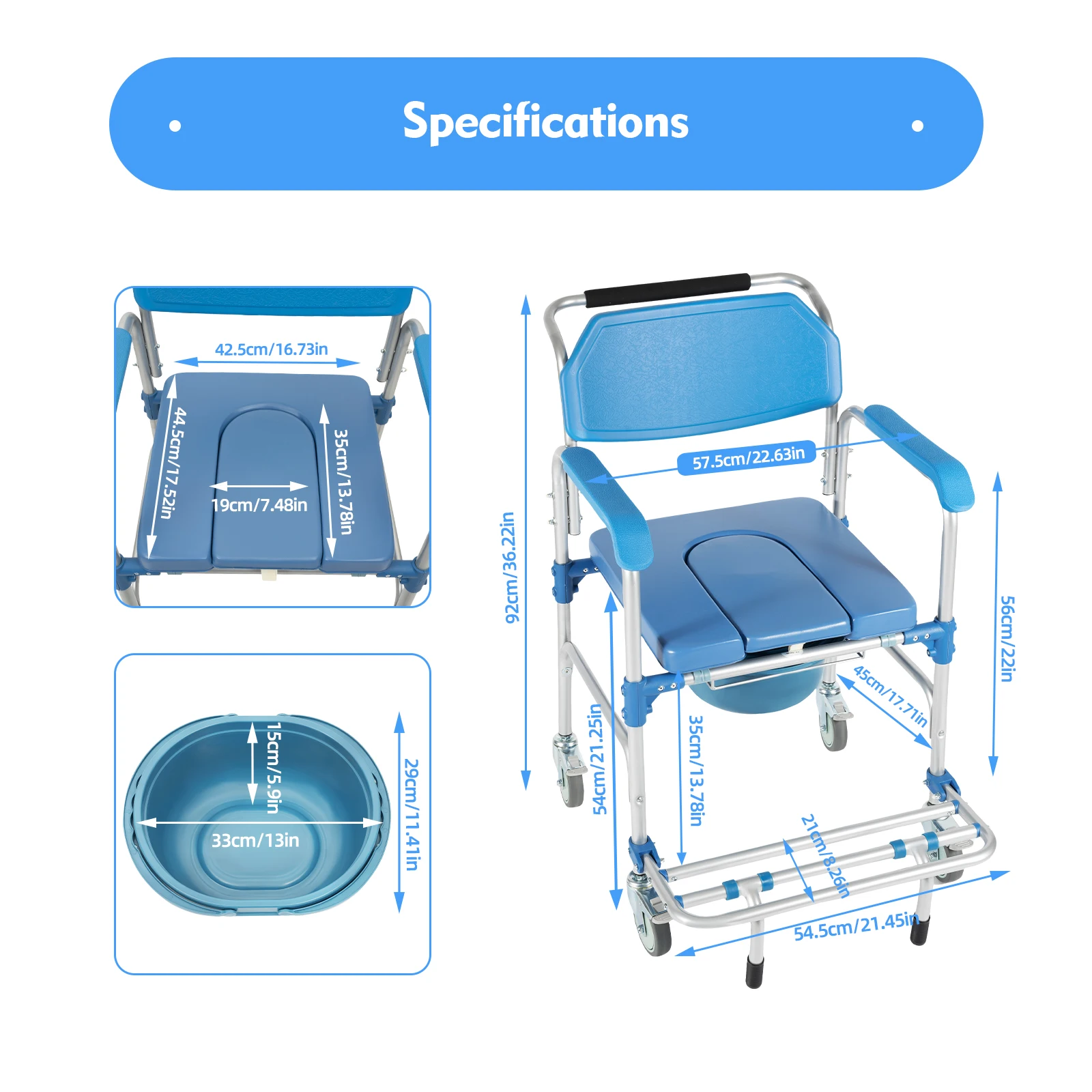 Elderly Shower Wheelchair,350lb Load Beside Commodes,Patient Transfer Wheelchair w/Shower Potty,Transport Wheelchair