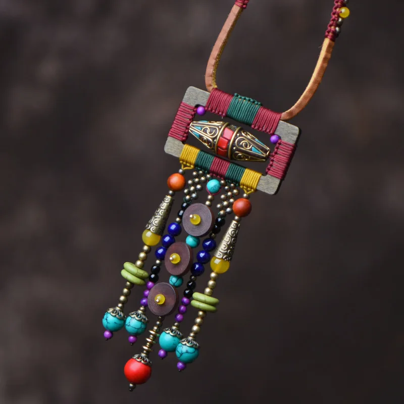 Rattan Folk Style Creative Wood Ethnic Necklace Tassel Pendant Vintage Sweater Nature Stones Necklace