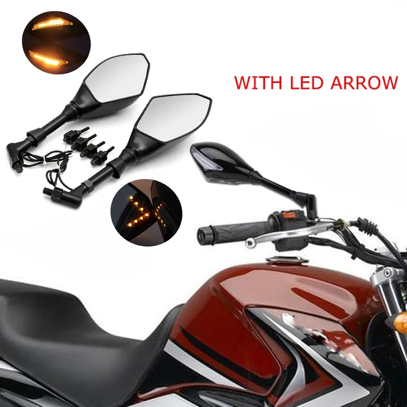 1Pair Motorcycle Rearview Side Mirrors With LED Turn Signals Motorbike Aaccessories Turn Indicators Lights For Yamaha Honda