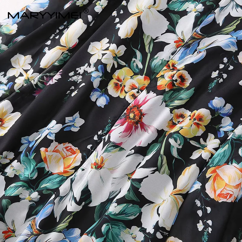 MARYYIMEI Women's Elegant Party Prom Dress Autumn V-Neck Long-Sleeved Floral-Print Lace-Up Slim Fashion Dresses