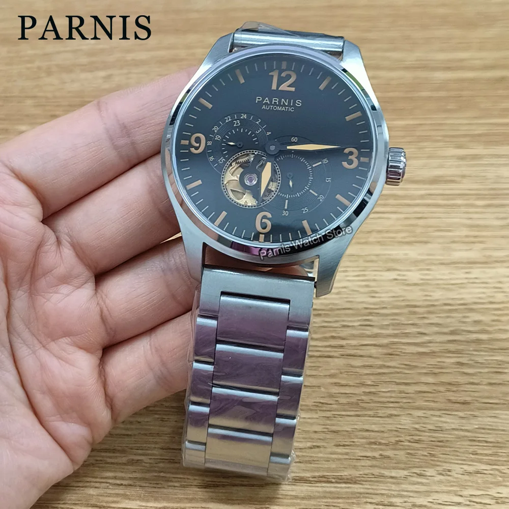 

Parnis 44mm Miyota82S7 Automatic Sapphire Crystal Men's Mechanical Watch 24-hour Black Dial Stainless Steel Case