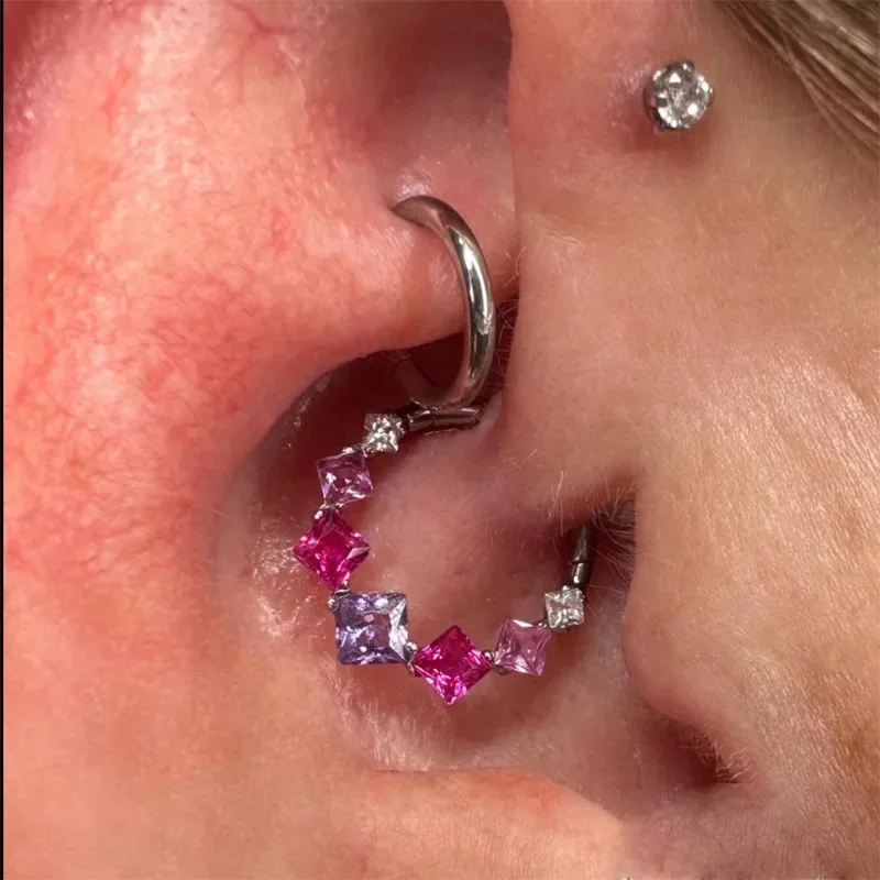 G23 Titanium EAR Nose Ring PIERC with 5 Square Zircon Ring Hoop Face Hinged Segment Clicker Labret Cartilage Piercing Jewelry