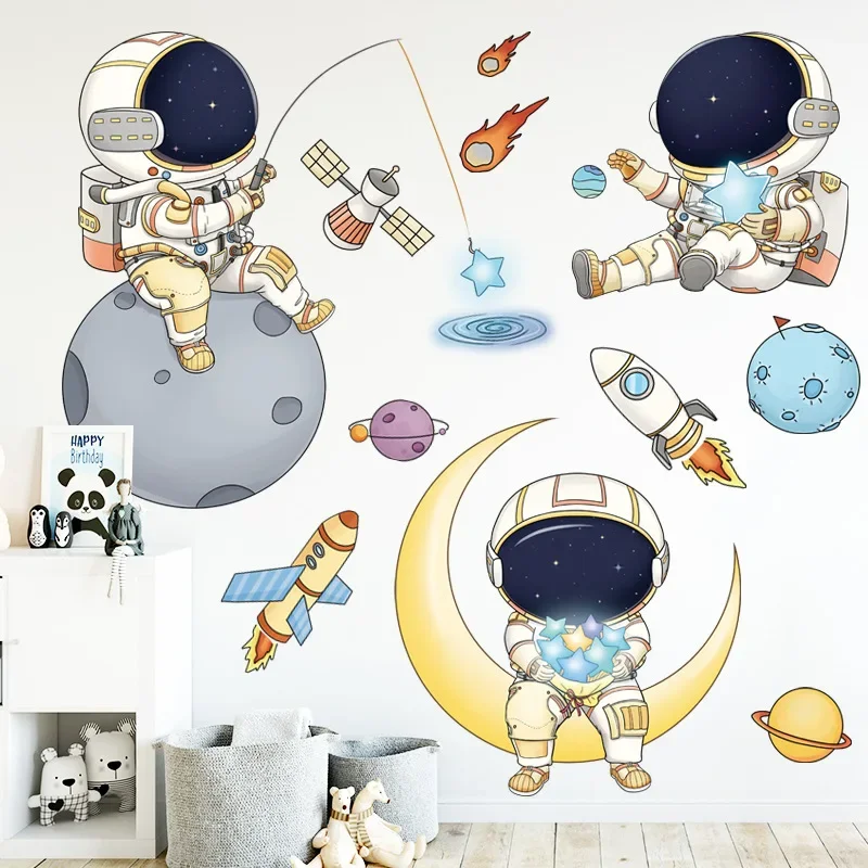 Outer Space Astronauts Wall Stickers for Children's Room Kindergarten Cosmic Starry Sky Cartoon Cute Spacecraft Waterproof Decor