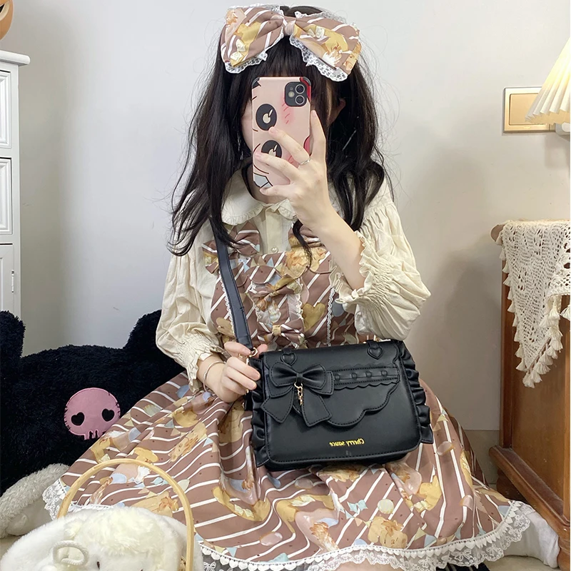 Elegant Bow Women Purses and Handbags Lolita Sweet Shoulder Bag Japanese Style Crossbody Bag Kawaii Half Moon JK Purse