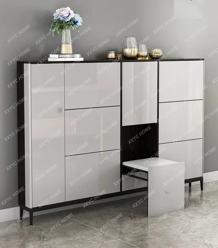 light luxury ultra-thin shoe cabinet 17cm with stool tipping bucket storage large capacity