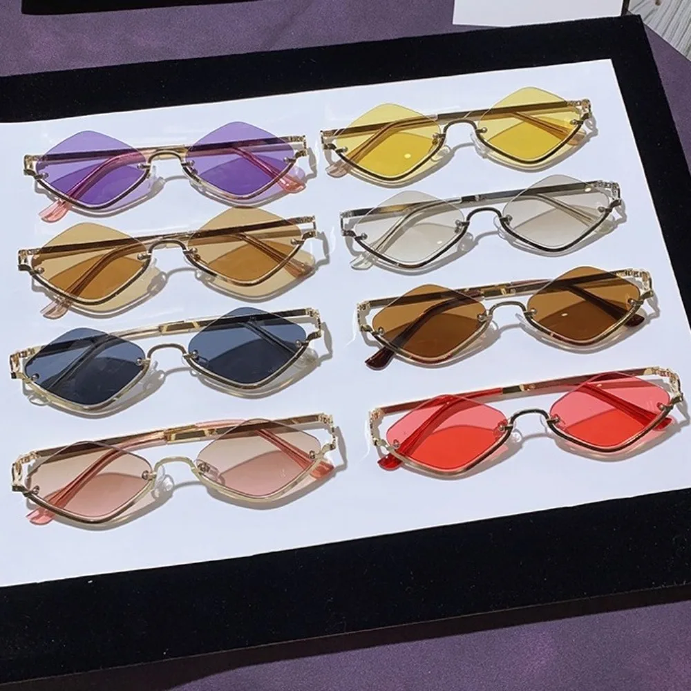 

UV400 Rhombus Sunglasses UV Protection Metal Half Frame UV Resistant Cycling Glass Cat Eye Shades Eyewear Polygonal Sunglasses