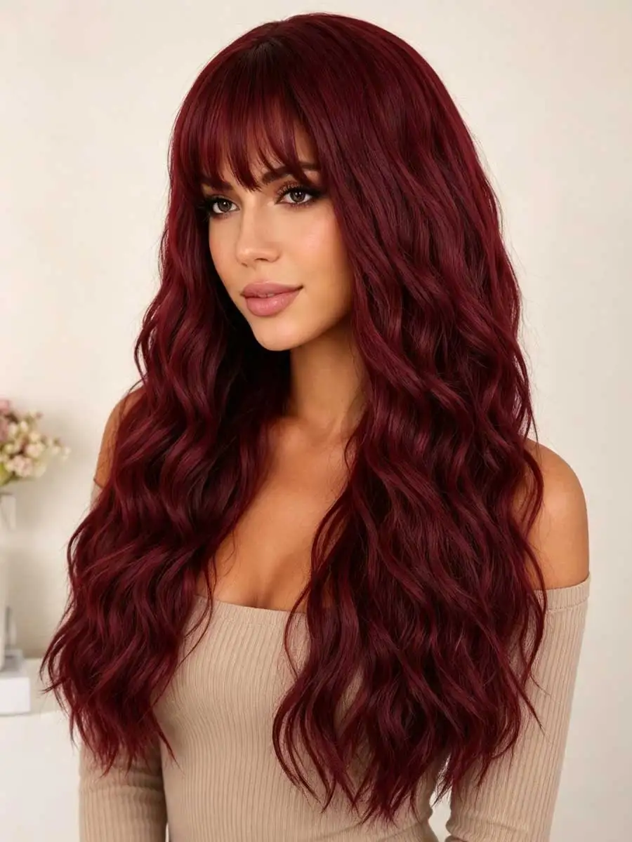 Realistic Wine Red Long Wavy Wig with Straight Fringe, Machine Made Synthetic Water Wave Hairpiece, Low Maintenance Styling Wigs for African American Women Club & Daily Look