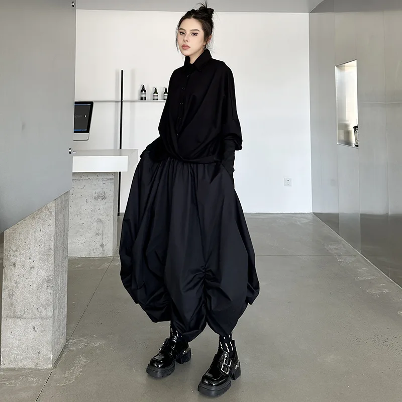 

Women Solid Puffy Skirts Gathering Bud Skirt Ankle Lenth A Line High Elastic Waist Loose Fit Elegant Casual 2025 Spring Autumn