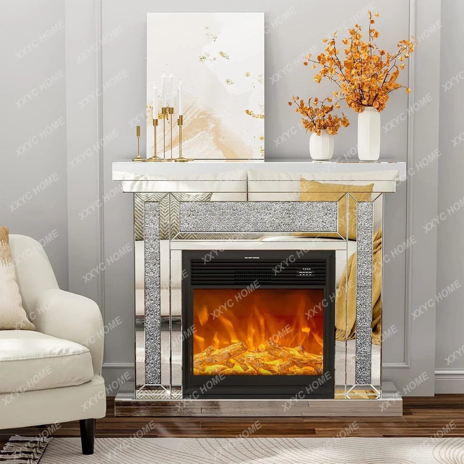 A  Mirrored Electric Fireplace TV Stand 7 Colors Changing Mantel Freestanding Heater Corner Firebox with 3D Realistic Flame
