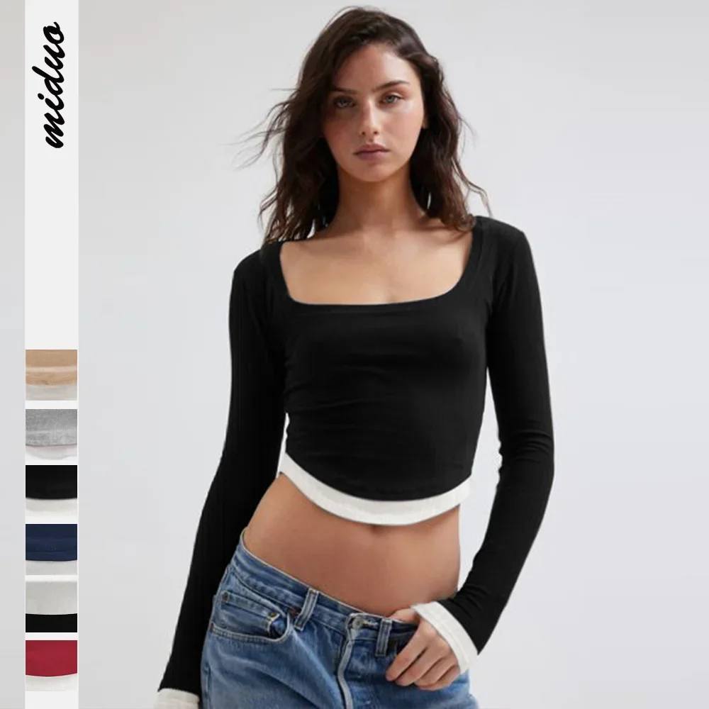 

Long Sleeved Patchwork Square Collar Exposed Navel Short Top T-shirt
