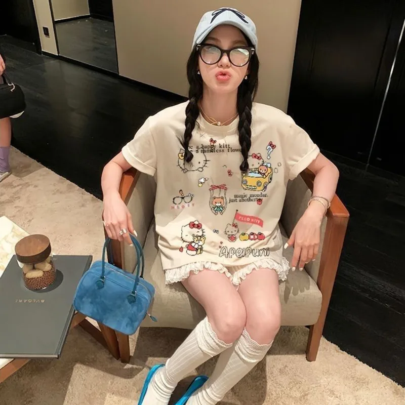 

Sanrio Hello Kitty Cartoon Print Summer Casual Versatile Women's Top Pure Cotton Short Sleeved T-shirt Korean Style Harajuku Top