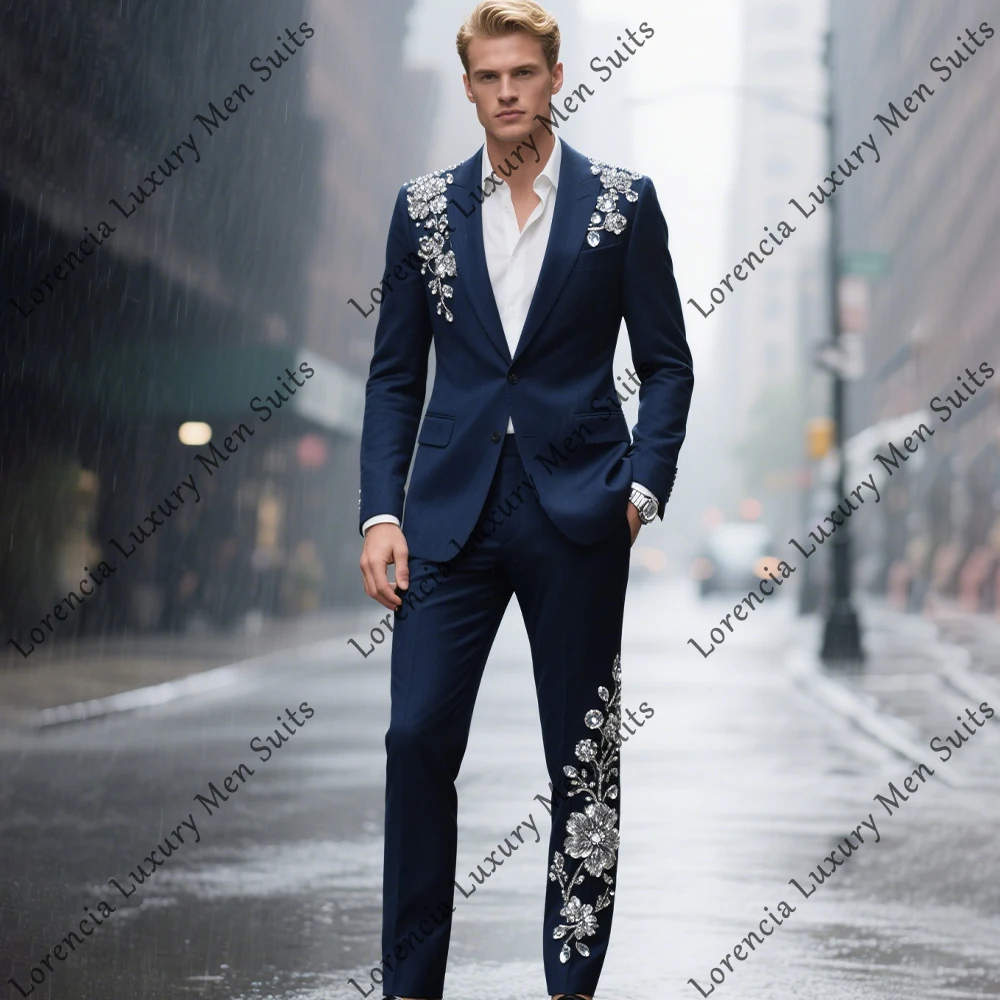 

Sparkling Applique Men Suits 2 Pieces Flat Collar Tuxedos Wedding Party Outfits Customized Blazer Pants jaqueta masculina couro