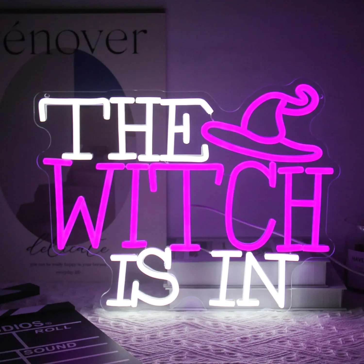 The Witch Is In LED Neon Sign for Wall Decor Halloween Witch Hat Purple Dimmable Gothic Lamp Haunted Mansion House Party