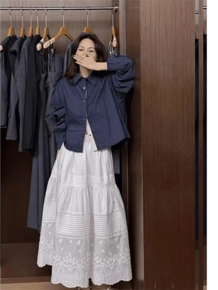 

White Lace Trim A-Line Midi Skirt Women's Spring Autumn New Sle Korean Sle High Waist Baking Cake Skirt Elastic Waist