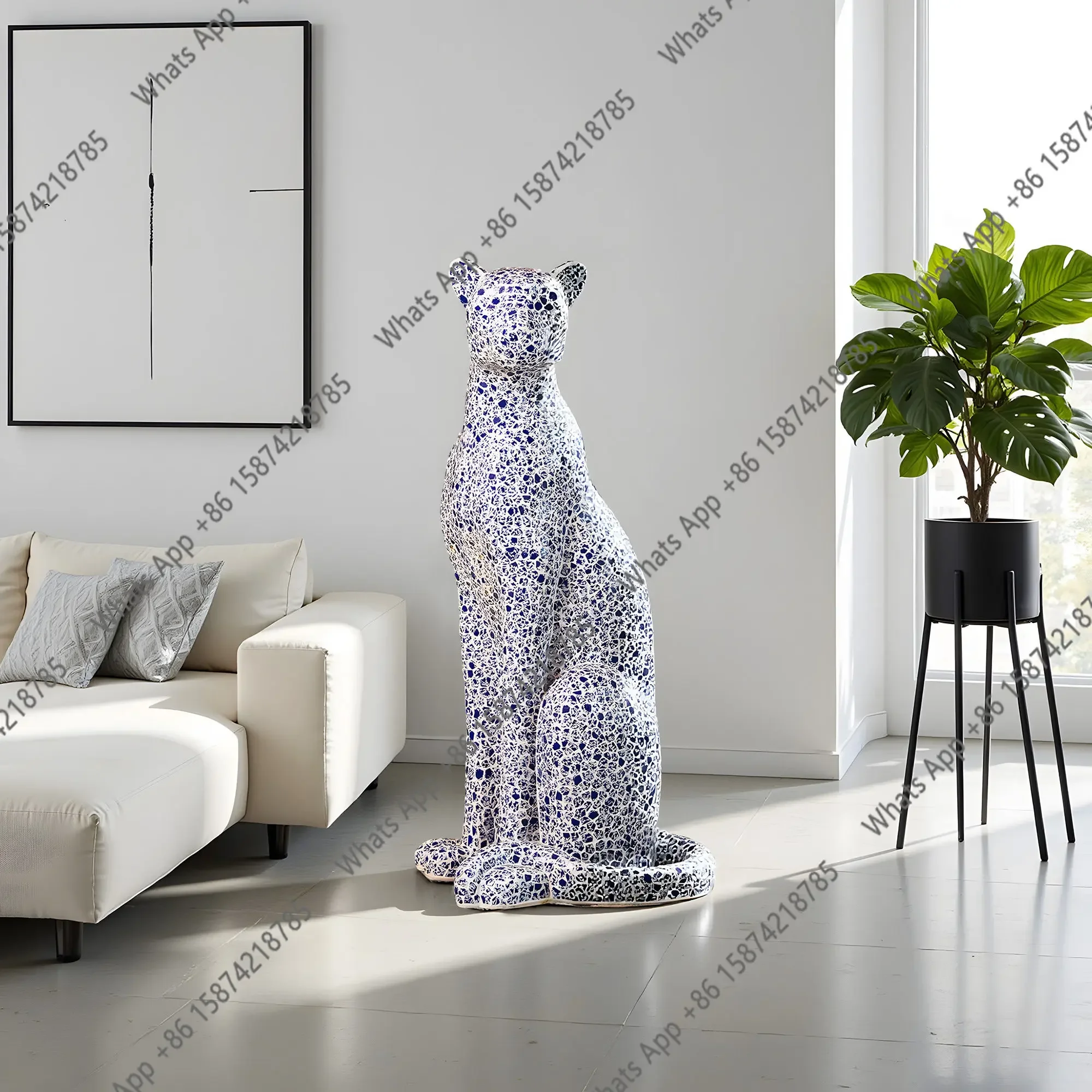 Mosaic Blue And White Porcelain Handmade Patch Decoration Living Room Entrance Ornament Large Leopard X
