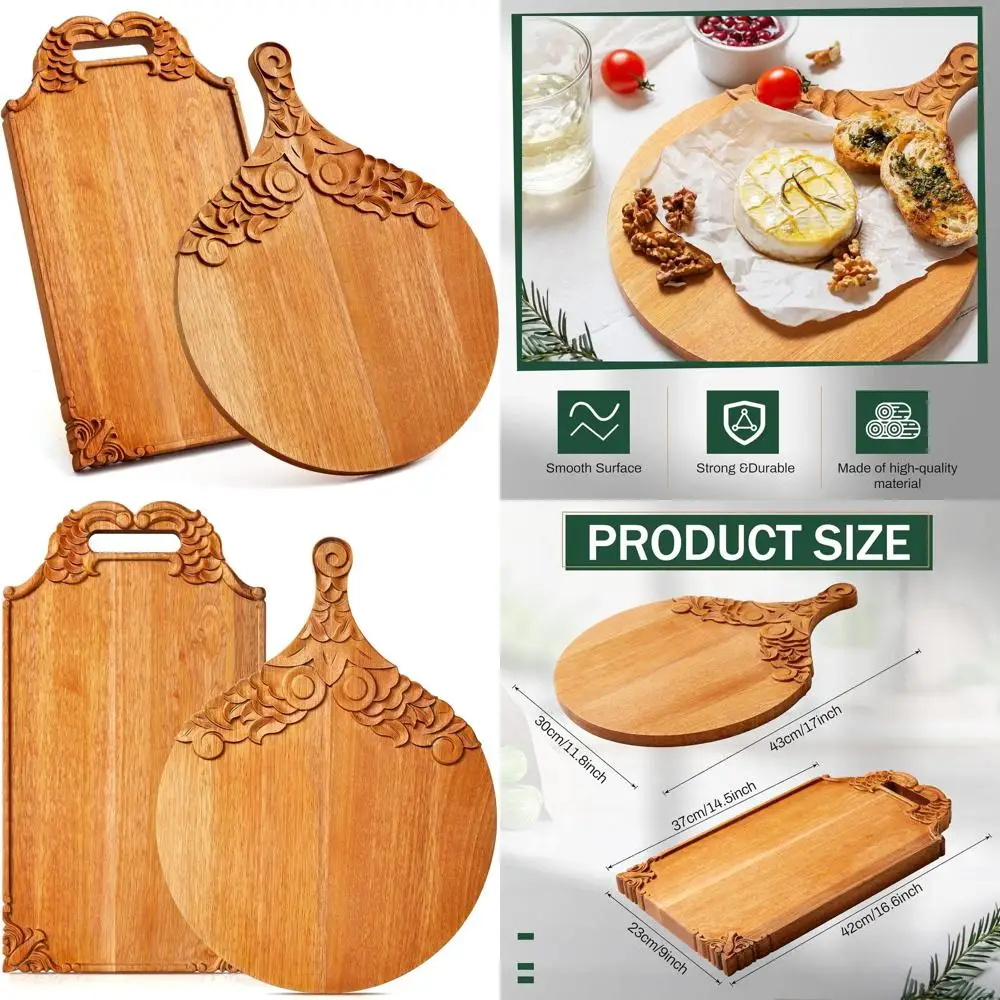 

Set of 2 Mango Wood Cutting Boards with Handles, Large Scallop Edged Charcuterie Trays, Checkered Paddles for Meat, Fruit, Pizza