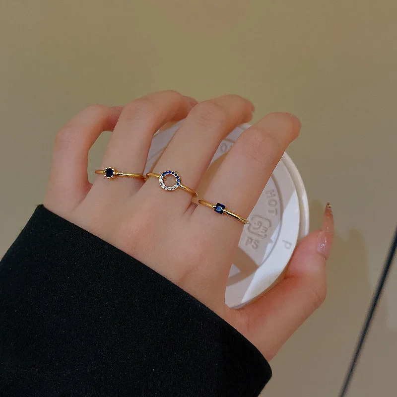 3 Pieces/set Korean Fashion Blue Crystal Exquisite Adjustable Ring for Women Ins Style Diy with Knuckle Ring Girls Jewelry Gift