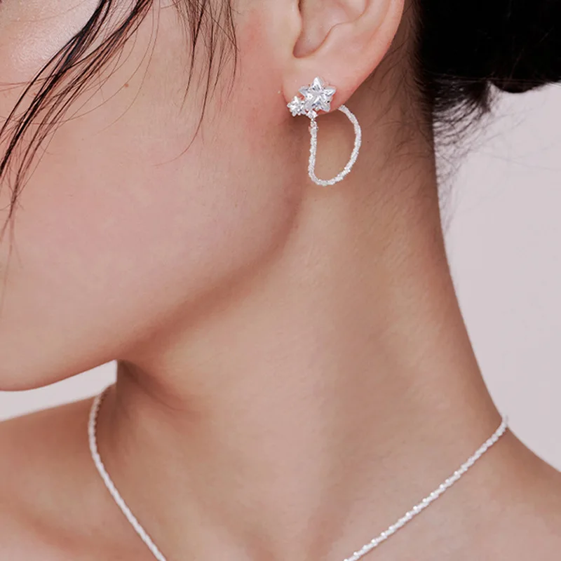 

PANJBJ 925 Silver Zircon Star Earrings For Women Girl Tassels Individuality Shiny Fashion Jewelry Birthday Gift Dropshipping