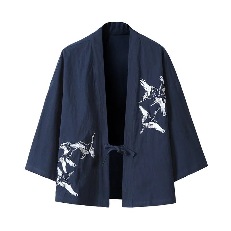 Men's Chinese Style Kimono Jacket 3/4 Sleeve Loose Open‑Front Cotton Outerwear Crane Embroidery Oversized Summer Daily Outfit
